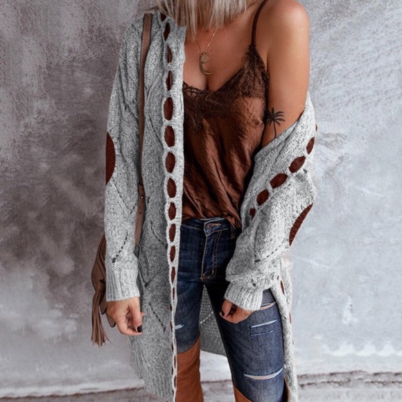 Sweaters - 63Bohemian Knit Grey Lace Up Long Hood Gray Cardigan Brown Crochet Elbow Patches